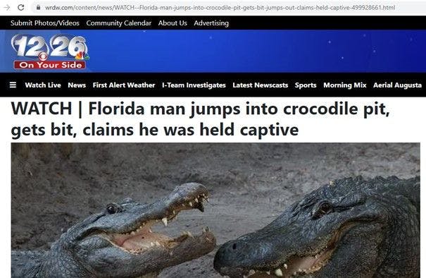 Skjermdump av nyhettsak om Florida-mann som ble bitt av krokodille etter å ha hoppet inn til krokodiller