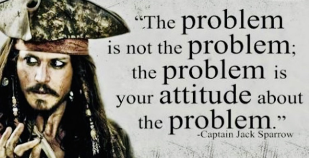 Ansiktet til Johnny Depp forkledd som sjørøveren Jack Sparrow ved siden av et sitat: "problemet er ikke problemet; problemet er holdningen din til problemet» – for å underbygge at coaching handler om personlig utvikling, ikke problemløsning