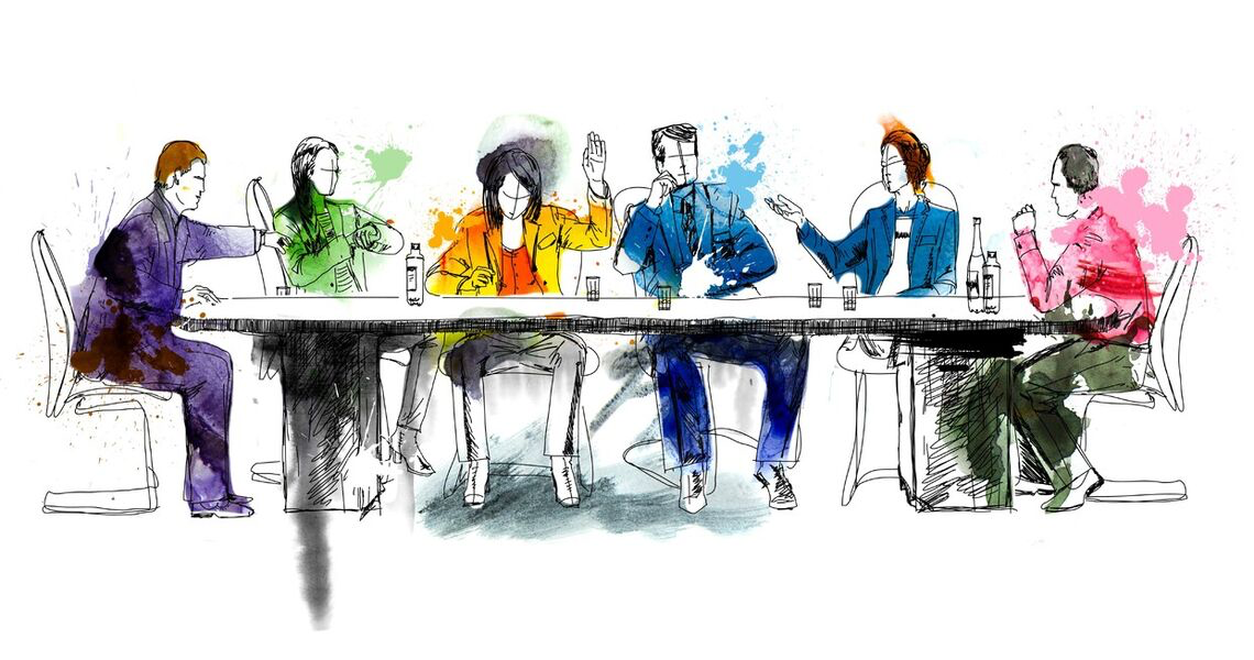 Illustrasjon av gruppe samlet rundt et bord. De ulike medlemmene har ulike farger og holdninger.