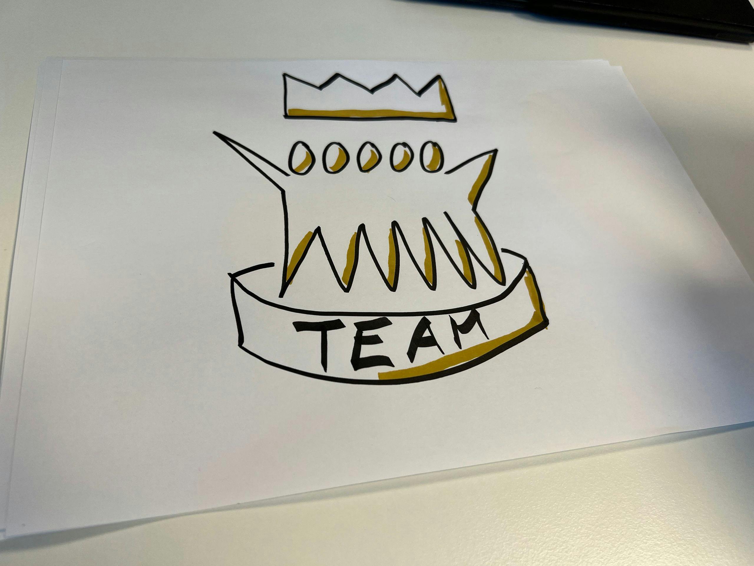 En tegning av et team med en krone over.