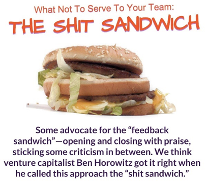 bilde av vassen hamburger – en dritt-sandwich – som er et uttrykk for å pakke inn negative tilbakemeldinger "mellom" positive tilbakemeldinger