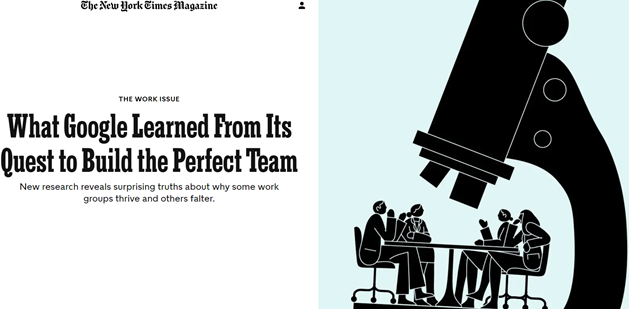 Skjermdump fra New York Times Magazine: Bilde av mennesker rundt et bord under et forstørrelsesglass. Bildet illustrerer hvordan Google studerte teamene siner for å finne hvem som var mest effektive.